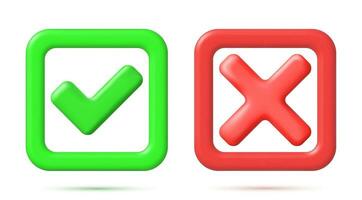 3D Right and Wrong Button in Square Shape. Green Yes and Red No Correct Incorrect Sign. Checkmark Tick Rejection, Cancel, Error, Stop, Negative, Agreement Approval or Trust Symbol. Vector Illustration