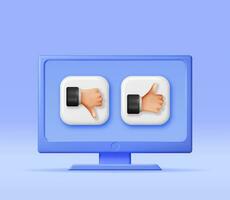 3D Thumbs Up and Thumbs Down Hands Gestures in Computer Isolated. Render Like and Dislike Hand Symbols on Screen. Customer Rating or Vote Icons. Cartoon Fingers Gestures. Vector Illustration