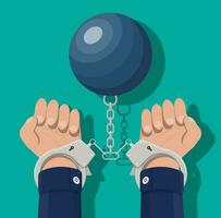 Human hands in handcuffs and weight ball. Anti criminal, anti corruption concept. Tax evasion, criminal and bribe. Vector illustration in flat style