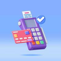 3D Payment Terminal with Card and Receipt Isolated. Render Modern POS Bank Payment Device. Payment NFC Keypad Machine. Credit Debit Card Reader. Contactless Payment Transaction Vector illustration