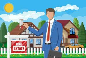 Businessman or realtor near suburban house holding key. Wooden placard with real estate sign. Mortgage, property and investment. Buy sell or rent realty. Flat vector illustration