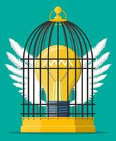 Bird cage with light bulb of idea inside. Concept of creative idea or inspiration, business start up. Glass bulb with spiral and wings in flat style. Vector illustration