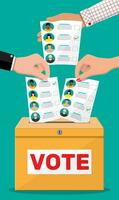 Ballot box and document with candidates. Hand with election bill. Vote paper with faces. Vector illustration in flat style