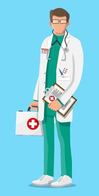 Doctor in white coat with stethoscope and case. Medical suit with different pills and medical devices in pockets. Healthcare, hospital and medical diagnostics. Vector illustration in flat style