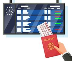 Airport Board, Hand, Passport, Boarding Pass. Departure Arrival Timetable. Flight Destination, Gate, Status Time. Information Board Clock Info Display. Electronic Scoreboard. Flat Vector Illustration