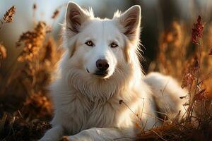 AI generated Portrait of white Swiss Shepherd dog on a nature, close up photo, morning light. Ai art photo