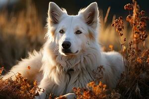 AI generated Portrait of white Swiss Shepherd dog on a nature, close up photo, morning light. Ai art photo