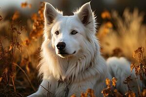 AI generated Portrait of white Swiss Shepherd dog on a nature, close up photo, morning light. Ai art photo
