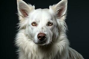 AI generated Portrait of white Swiss Shepherd dog on a black background, close up photo, morning light. Ai art photo