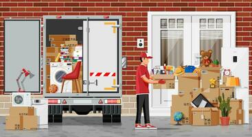 Moving to new house. Family relocated to new home. Male mover, paper cardboard boxes near house. Package for transportation. Delivery truck car, household items. Vector illustration in flat style