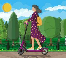 Young woman on kick scooter. Girl with backpack rolling on electric scooter. Hipster character uses modern urban transport. Ecological, convenient city transportation. Cartoon flat vector illustration