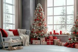 Cosy living room with beautiful christmas tree and red gifts in modern interior. Interior of living room decorated for merry christmas with socks, gift boxes and christmas accessories by AI Generated photo