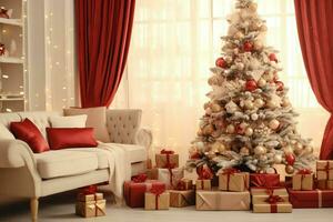 Cosy living room with beautiful christmas tree and red gifts in modern interior. Interior of living room decorated for merry christmas with socks, gift boxes and christmas accessories by AI Generated photo