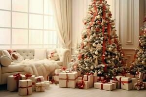 Cosy living room with beautiful christmas tree and red gifts in modern interior. Interior of living room decorated for merry christmas with socks, gift boxes and christmas accessories by AI Generated photo