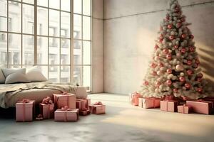 Cosy living room with beautiful christmas tree and red gifts in modern interior. Interior of living room decorated for merry christmas with socks, gift boxes and christmas accessories by AI Generated photo