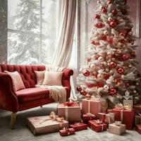 Cosy living room with beautiful christmas tree and red gifts in modern interior. Interior of living room decorated for merry christmas with socks, gift boxes and christmas accessories by AI Generated photo