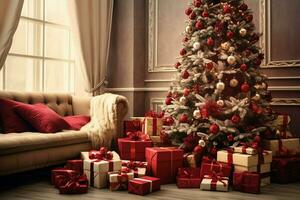 Cosy living room with beautiful christmas tree and red gifts in modern interior. Interior of living room decorated for merry christmas with socks, gift boxes and christmas accessories by AI Generated photo