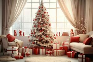 Cosy living room with beautiful christmas tree and red gifts in modern interior. Interior of living room decorated for merry christmas with socks, gift boxes and christmas accessories by AI Generated photo