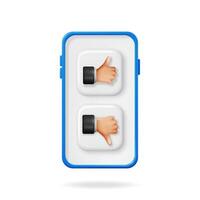 3D Thumbs Up and Thumbs Down Hands Gestures in Mobile Phone Isolated. Render Like and Dislike Hand Symbols on Screen. Customer Rating or Vote Icons. Cartoon Fingers Gestures. Vector Illustration