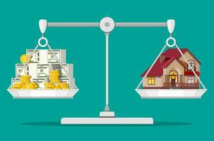 Balance scales with private house and money. Buying a home. Real estate. Suburban wooden house, dollar stacks and gold coins. Vector illustration in flat style