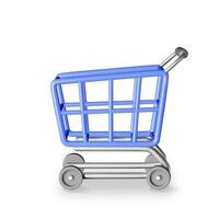 3D Blue Shopping Cart Isolated on White. Render Realistic Shopping Trolley Icon. Empty Shopping Supermarket Basket Front View. Cartoon Vector Illustration