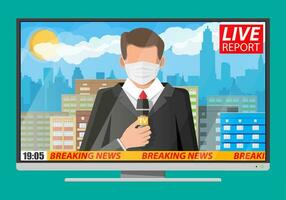 TV news anchorman in mask reads world news about covid-19 coronavirus ncov. Main news reader on television program. Media, journalism and press. Flat vector illustration