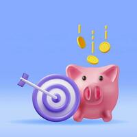 3D Piggy Bank with Dart Target Isolated. Render Plastic Piggy Bank for Money. Moneybox in Form of Pig. Concept of Cash Money, Business Deposit Investment, Financial Savings. Vector Illustration