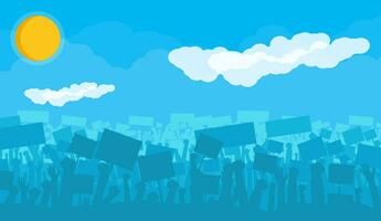 Silhouette of cheering or riot protesting crowd with flags and banners. Protest, revolution, demonstrators or conflict. Sun with clouds. Vector illustration