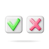 3D Right and Wrong Button Shape. Green Yes and Red No Correct Incorrect Sign. Checkmark Tick Rejection, Cancel, Error, Stop, Negative, Agreement Approval or Trust Symbol. Vector Illustration