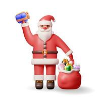 3D Santa Claus Character with Gift Bag Isolated. Render Standing Christmas Santa. Happy New Year Decoration. Merry Christmas Holiday. New Year and Xmas Celebration. Realistic Vector Illustration