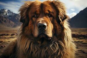 AI generated Portrait of Tibetan Mastiff on a nature background, close up cropped photo. Ai art photo