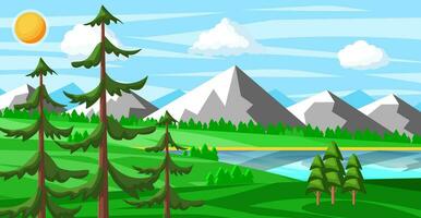 Landscape Of Mountains And Green Hills. Summer Nature Landscape With Rocks, Forest, Grass, Sun, Sky, Lake and Clouds. National Park or Nature Reserve. Vector Illustration In Flat Style