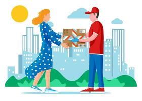 Woman receive cardboard box from man. Courier character holds parcel in his hands. Carton delivery packaging closed box with fragile signs. Free and fast shipping. Vector illustration in flat style