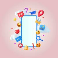 3D Social Media Concept Isolated. Render Smartphone with Colorful Social Network Icon. Chat Bubble, Like Button, Exclamation Question Mark, Notification Bell. Online Communication. Vector Illustration