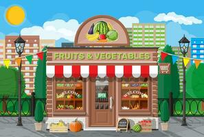 calle ladrillo tienda edificio exterior. Fruta y vegetal almacenar. Fresco orgánico comida productos Pepino tomate calabaza Zanahoria maíz pimienta banana. naturaleza paisaje urbano panorama. plano vector ilustración