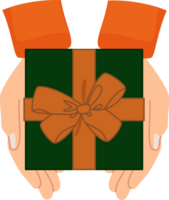 hands holding gift box with golden ribbon png