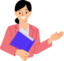 young woman holding book showing hand gesture png
