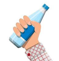 Plastic bottle of fresh pure mineral water in hand. Carbonated soda drink. Vector illustration in flat style