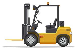 Yellow forklift truck isolated on white background. Empty electric uploader. Delivery, logistic and shipping cargo. Warehouse and storage equipment. Flat vector illustration