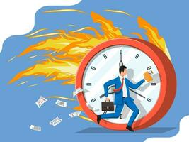 Big burning clock and businessman is fast running with waving necktie and briefcase. Business man rushing hurry to get on time. Time is money. Flat vector illustration