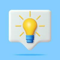 3D Light Bulb in Speech Bubble. Render Cartoon Yellow Idea Bulb Icon. Glass Lightbulb Symbol. Creative Idea Inspiration. Brainstorming Development. Business Solution Startup. Vector Illustration