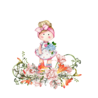 Composition of doll Tilda in dress and freesia flowers. png