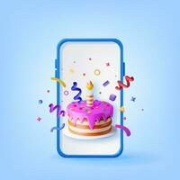 3D Smartphone and Cake with Candle and Confetti. Render Phone with Chocolate Cake Decorated with Glaze Icing. Sweet Party Pie, Online Holiday Anniversary, Celebration Dessert Gift. Vector Illustration