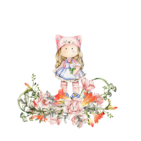 Komposition von Puppe tilda im Kleid und Freesie Blumen. png