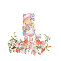 Composition of doll Tilda in dress and freesia flowers. png