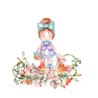 Composition of doll Tilda in dress and freesia flowers. png