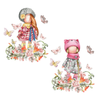 Composition of doll Tilda in dress and freesia flowers. png