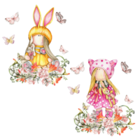 Composition of doll Tilda in dress and freesia flowers. png