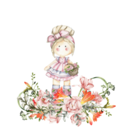 Composition of doll Tilda in dress and freesia flowers. png