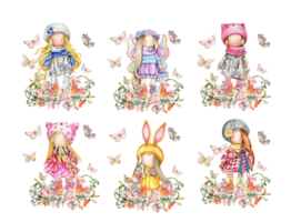 Composition of doll Tilda in dress and freesia flowers. png
